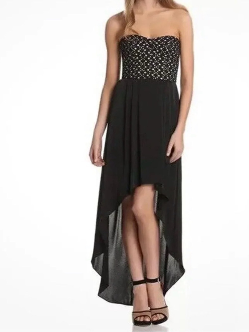 BCBGMAXAZRIA Black Lace Bodice High-Low Maxi Dress Sz 4